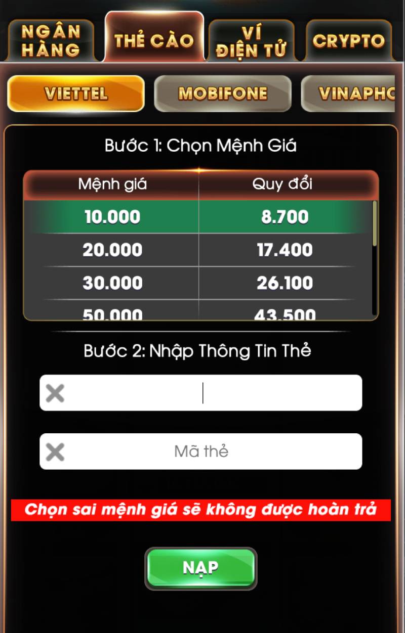 Nạp qua Thẻ Cào